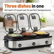Amazon Basics - Olla de cocción lenta triple con revestimiento antiadherente de cerámica, controles de temperatura individuales, asas de bloqueo, tapas de vidrio, 3 x 2.5 cuartos de galón, acero inoxidable - Imagen 5