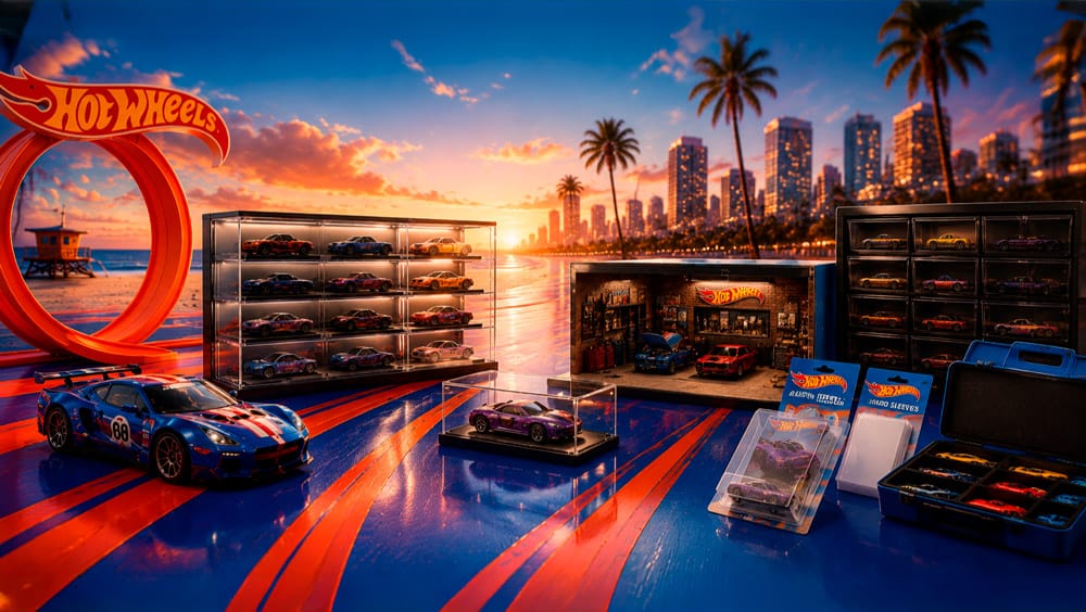 Hot Wheels en USA junto a caja de envío eShopex