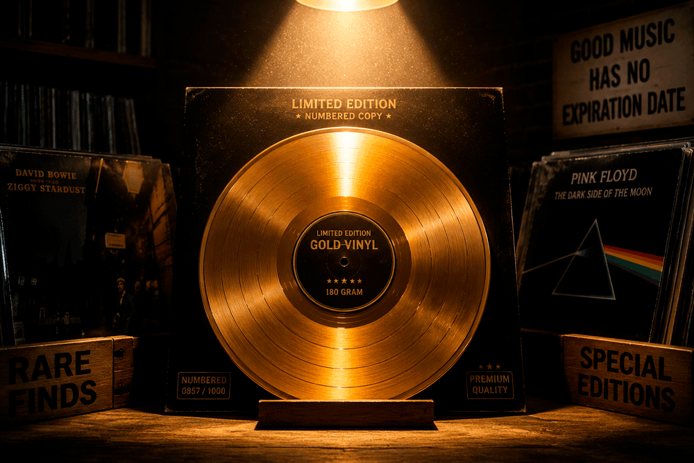 Vinilos originales para coleccionistas junto a caja eShopex