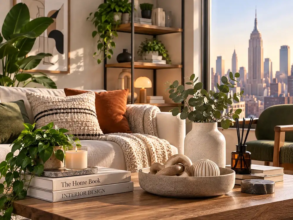 Living moderno decorado con plantas, lámparas y cojines de tendencia
