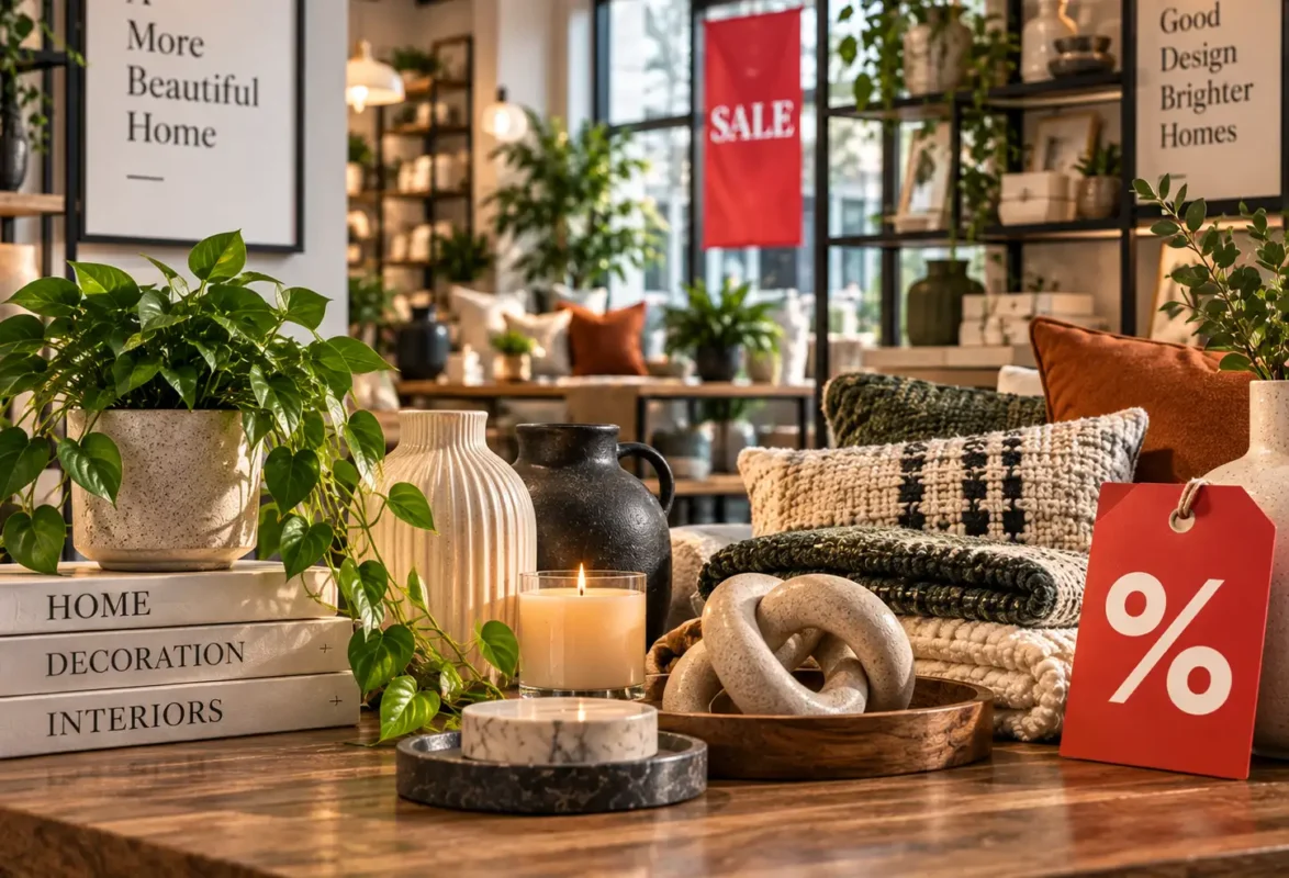 Artículos de decoración en oferta y etiqueta de descuento