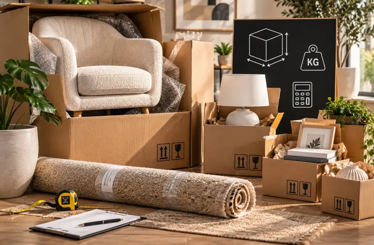 Caja de envío eShopex con silla, alfombra en rollo y artículos de decoración