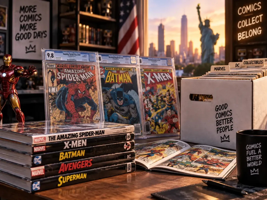 Cómics de colección de Marvel y DC exhibidos para importación desde Estados Unidos