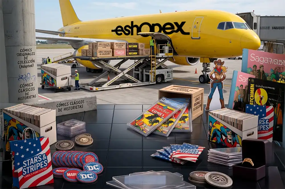 Avión de eShopex y paquetes preparados para envío aéreo de cómics a Chile