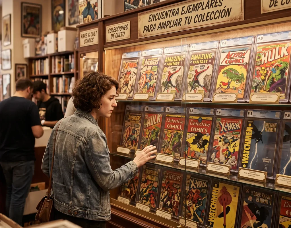 Coleccionista revisando cómics clásicos en tienda especializada de Estados Unidos