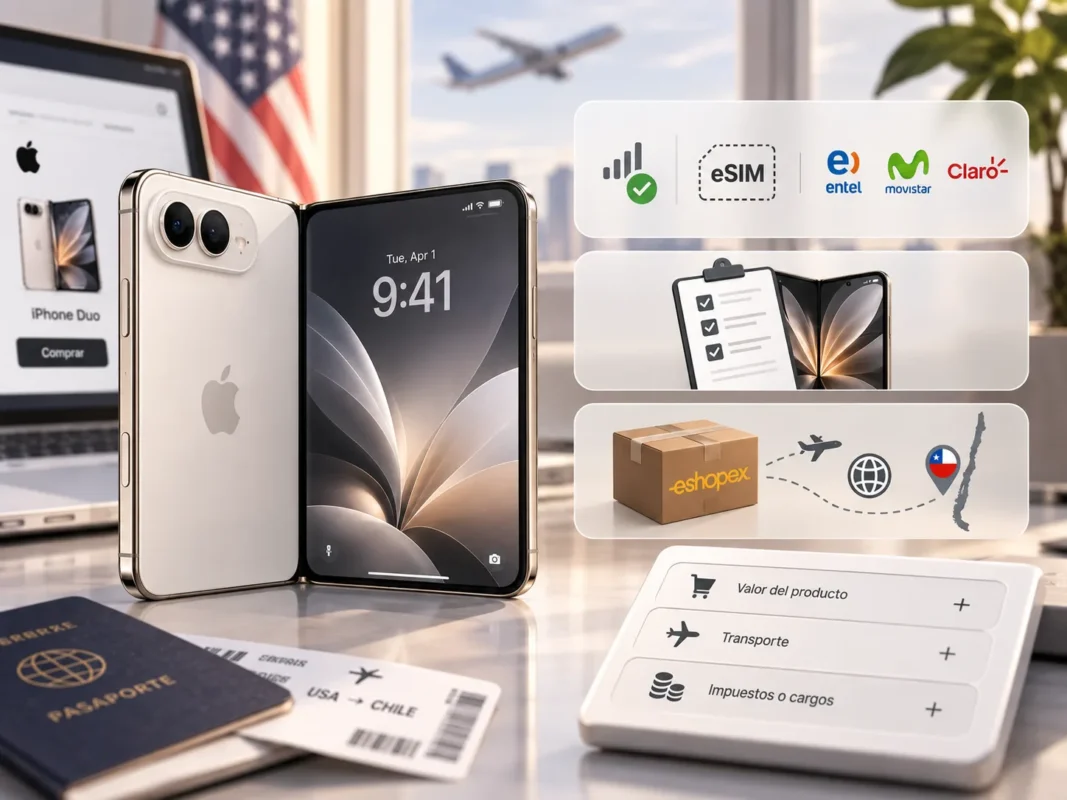 iPhone Duo junto a pasaporte, tarjeta eSIM y caja de envío eShopex