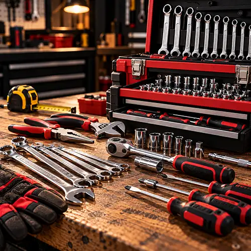 Juego de llaves, alicates y herramientas de mano para taller