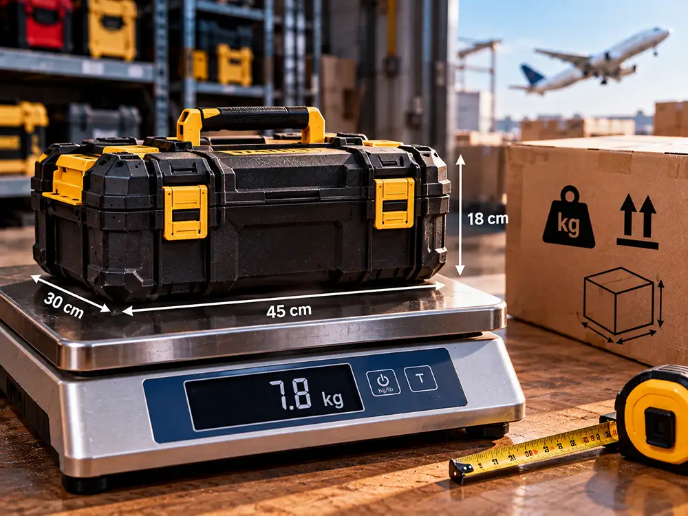 Caja de herramientas de gran tamaño sobre balanza simulando cálculo de peso volumétrico