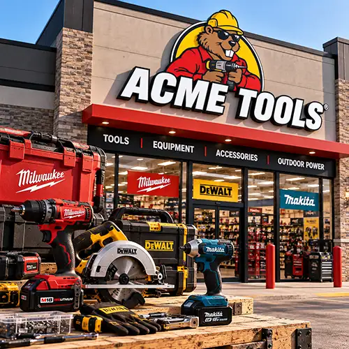 Logotipo de Acme Tools con selección de herramientas eléctricas y manuales