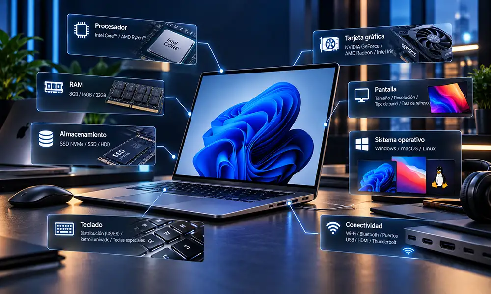 Gráfico de especificaciones técnicas y compatibilidad de software en laptop