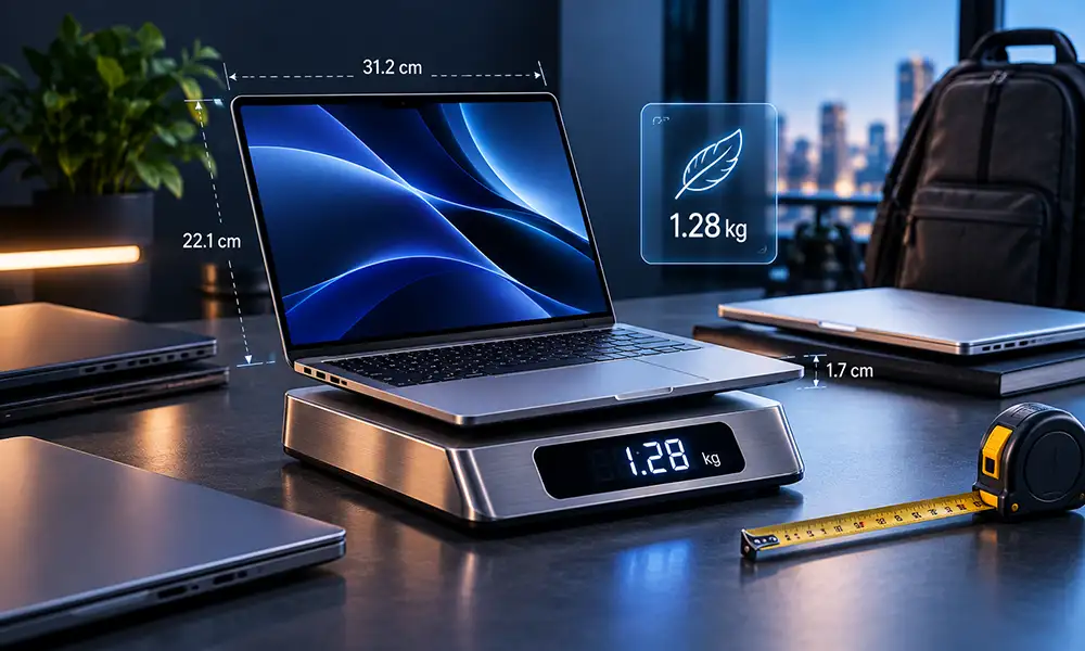 Laptop sobre balanza digital calculando peso de envío internaciona
