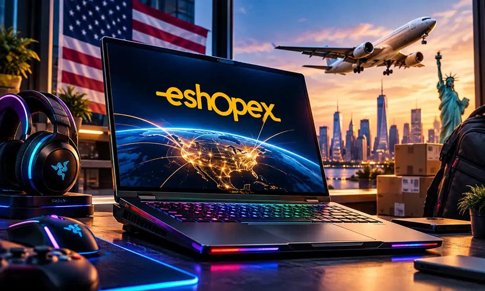 Laptop sobre un escritorio con elementos relacionados con compras en Estados Unidos, transporte internacional y envío a Chile.