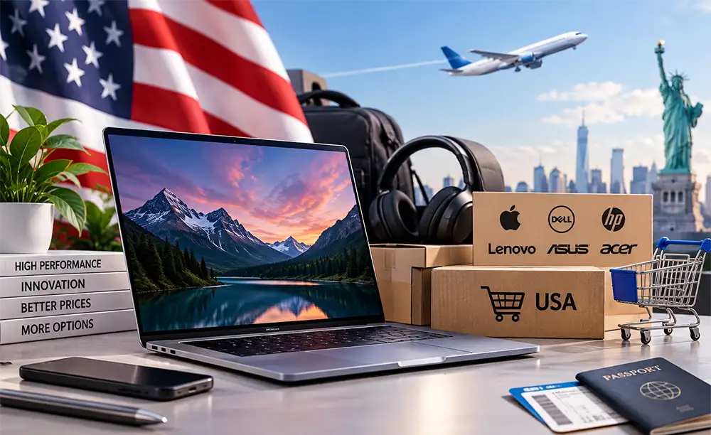 Laptop junto a cajas de productos tecnológicos y elementos alusivos a compras e importación desde Estados Unidos.