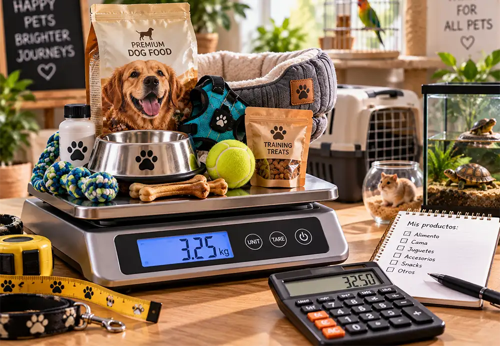Calculadora y báscula midiendo el peso de productos para mascotas para envío aéreo