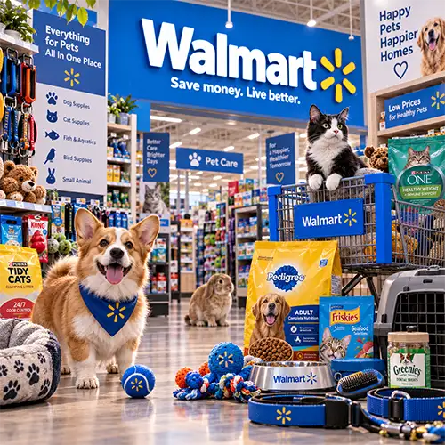 Sección de productos y accesorios para mascotas en Walmart USA
