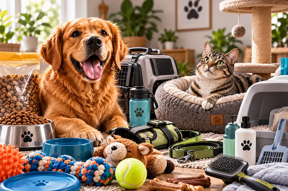 Perro feliz y gato descansando rodeados de accesorios importados desde USA