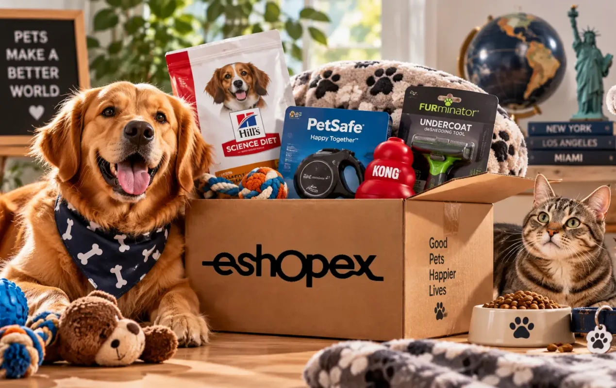 Caja de eShopex con accesorios para mascotas lista para ser enviada a Chile