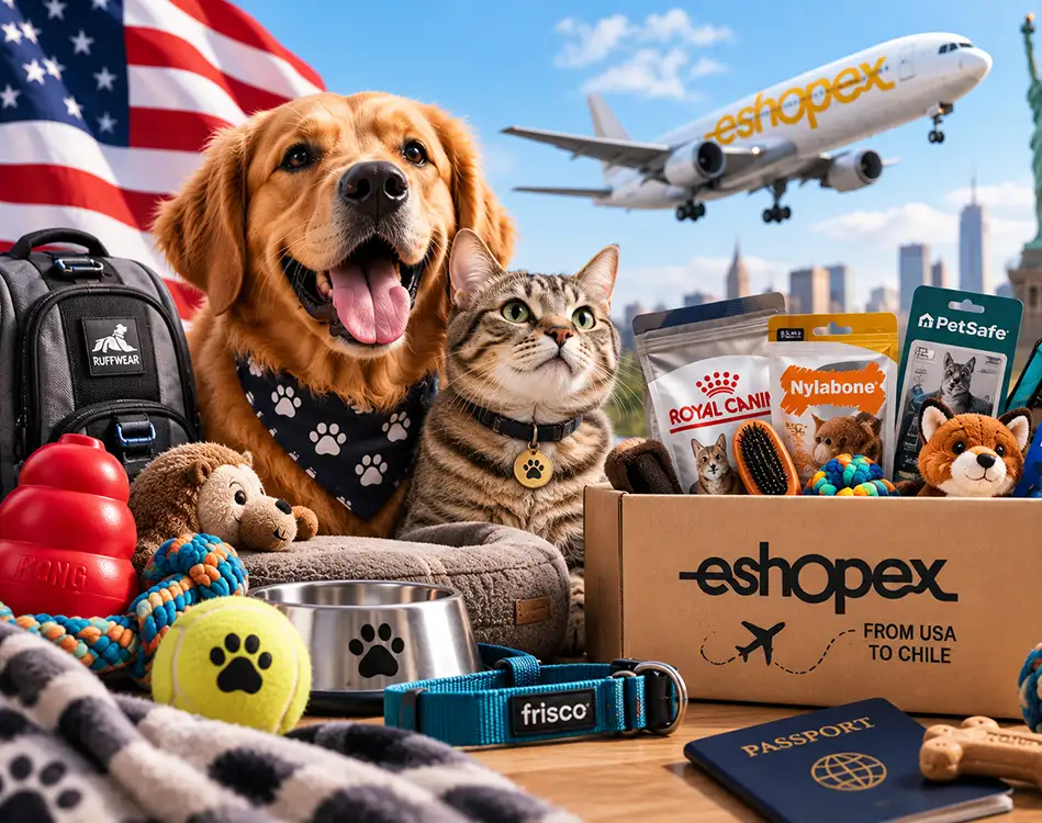 Perro y gato junto a caja de envíos eShopex y productos para mascotas importados de USA