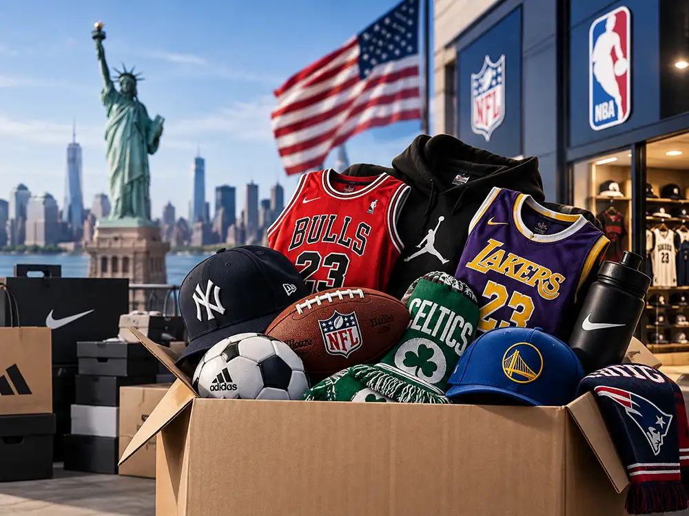Caja de envío eShopex con gorras y camisetas deportivas de la NBA y NFL