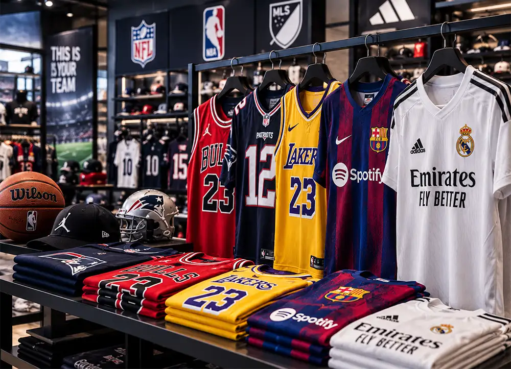 Camisetas de fútbol y básquetbol colgadas en tienda de ropa deportiva