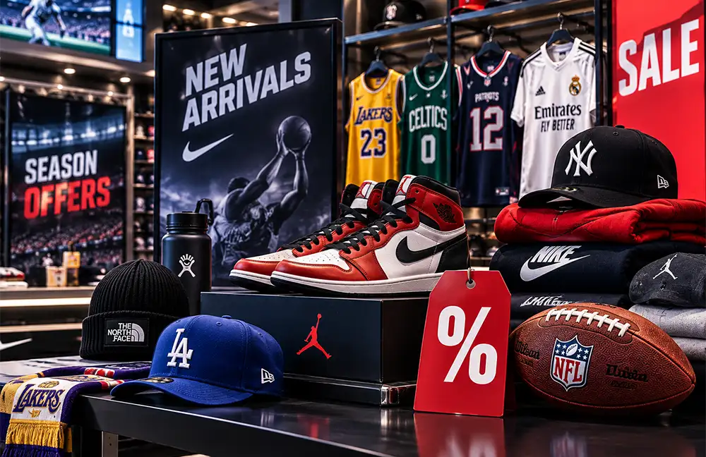 Sección de liquidación y ofertas de merchandising deportivo en USA