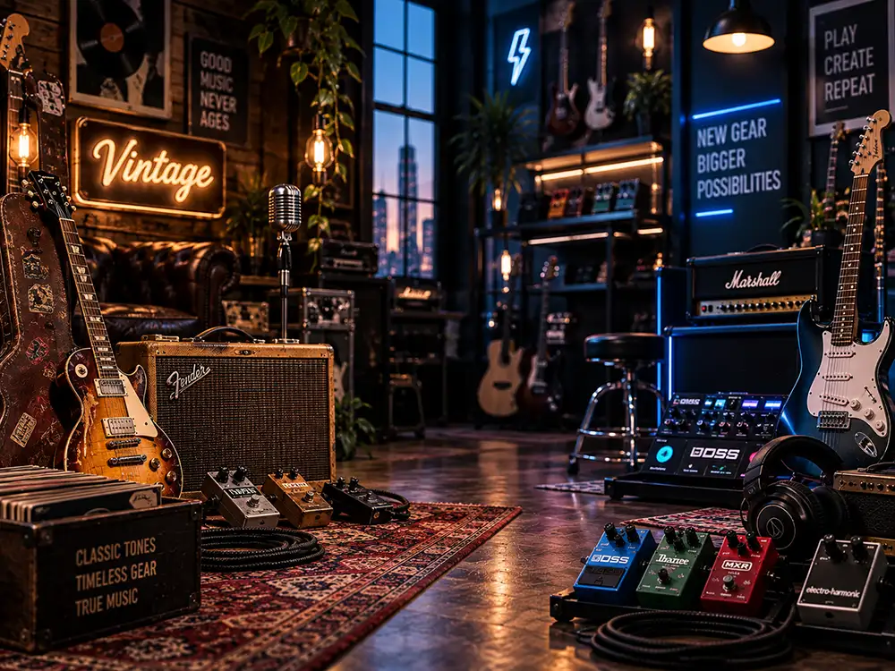 Guitarras y pedales de colección vintage en tienda de música