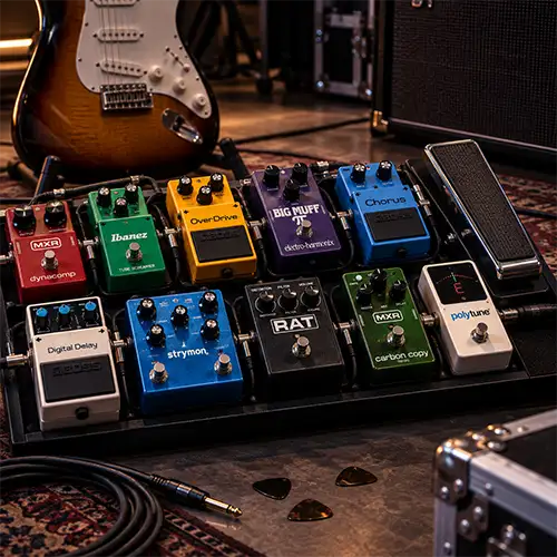 Pedales de efectos y carpetas de pedales para guitarra
