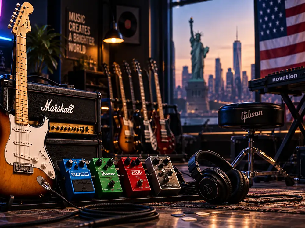 Amplificadores Marshall y pedales de guitarra Boss e Ibanez