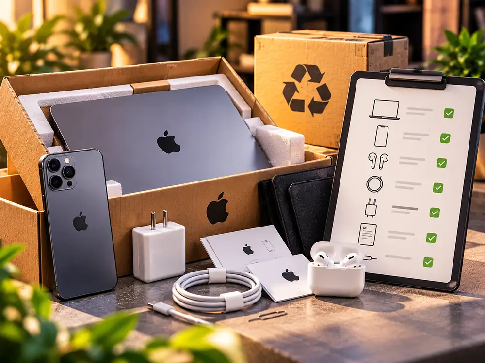Productos Apple reacondicionados con accesorios y checklist de revisión