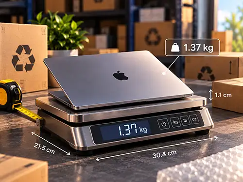 Laptop reacondicionada sobre una balanza mostrando su peso y dimensiones