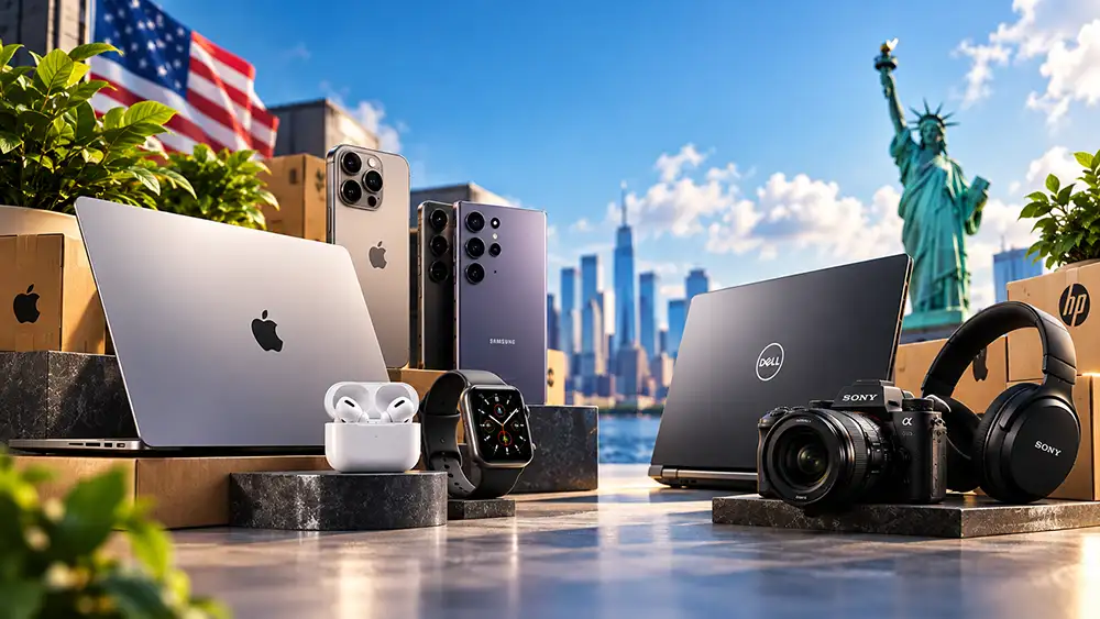 Productos reacondicionados de tecnología junto a cajas de envío en Estados Unidos