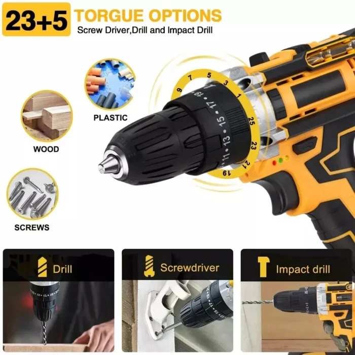 Taladro percutor inalámbrico sin escobillas kit combinado de atornillador de impacto con 2 baterías y cargador - Imagen 2