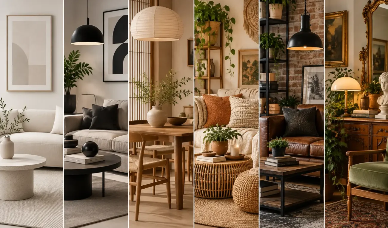 Mosaico de ambientes con diferentes estilos de decoración de interiores