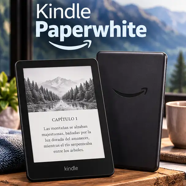 Kindle Paperwhite con pantalla de lectura electrónica y funda protectora.
