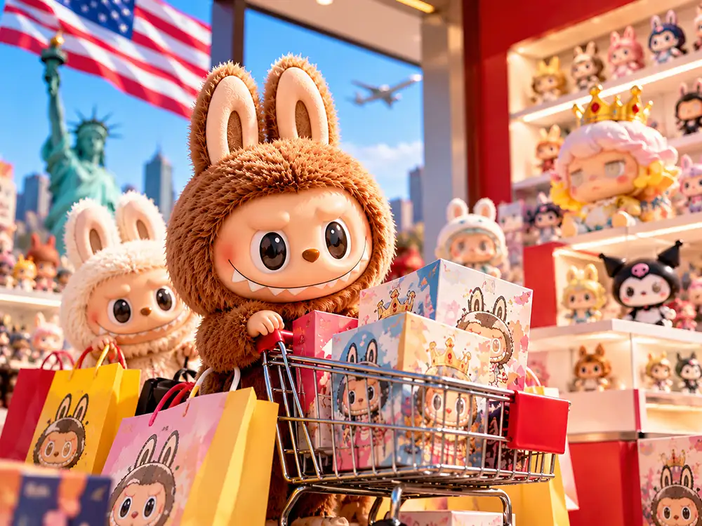 Peluches Labubu en un carrito de compras frente a una tienda de coleccionables y la bandera de Estados Unidos.