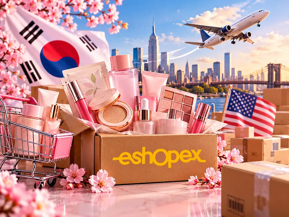 Caja de eShopex con productos de maquillaje coreano, flores de cerezo, banderas de Corea del Sur y Estados Unidos y un avión que representa la importación a Chile.