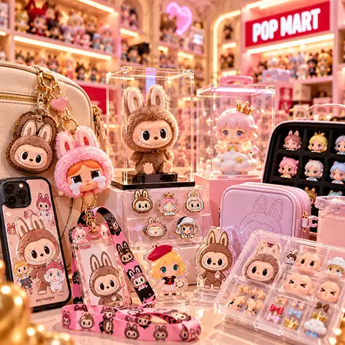 Bolsos, cajas de exhibición, empaques y accesorios temáticos de personajes POP MART.