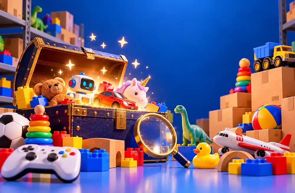 Juguetes y figuras coleccionables junto a una lupa que destaca productos específicos.