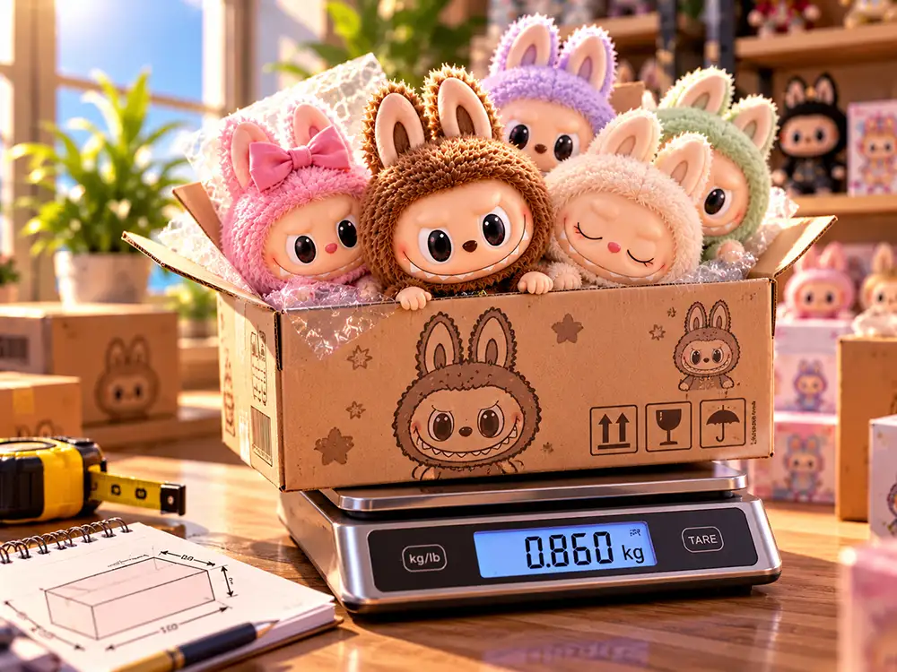 Caja con peluches Labubu sobre una balanza digital para calcular el peso del envío.
