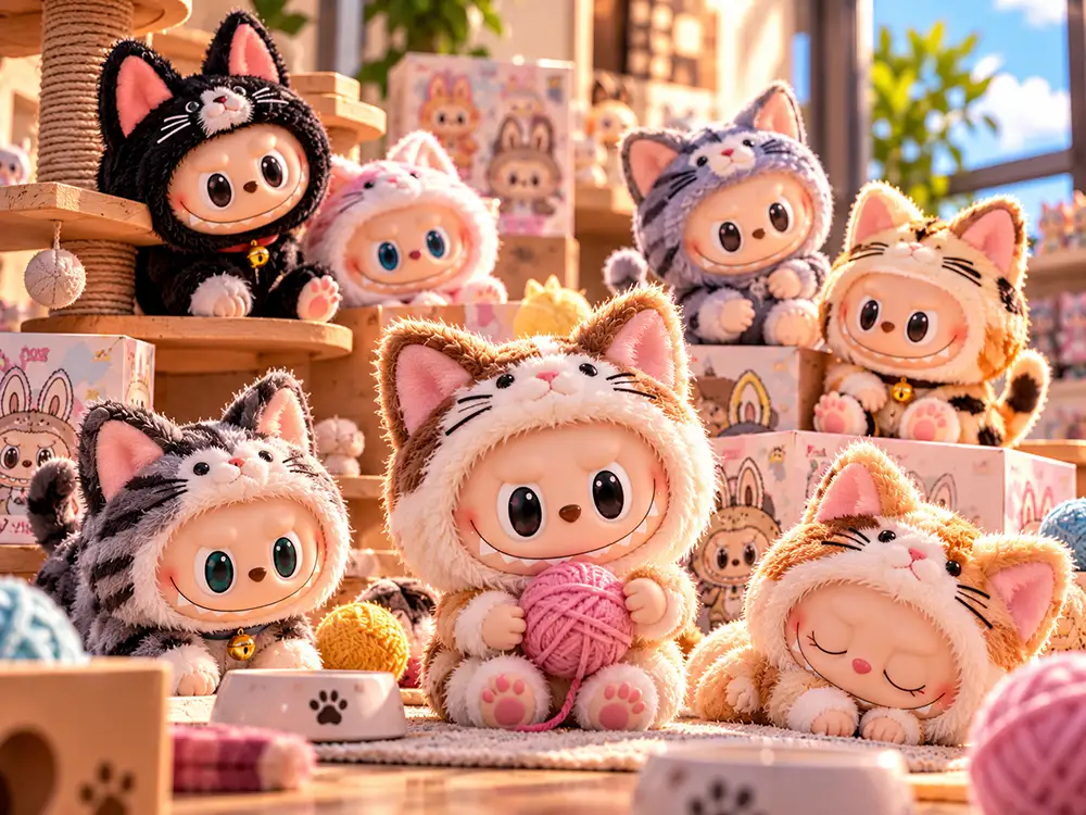 Colección de peluches Labubu con distintos colores, vestuarios y accesorios.