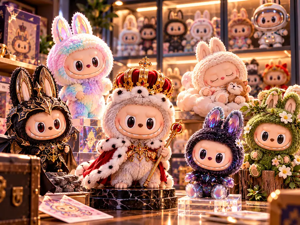 Peluches Labubu de diferentes modelos y colores exhibidos en una vitrina de colección.
