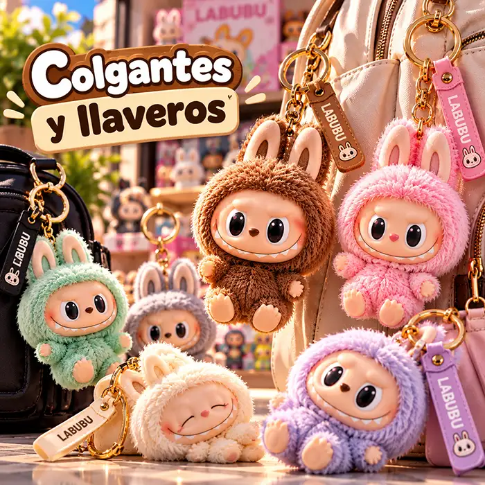 Colgantes y llaveros Labubu de peluche en diferentes colores y diseños.