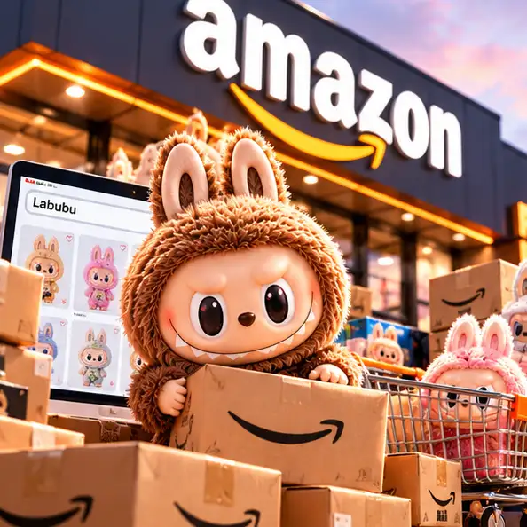 Peluches y figuras Labubu junto a cajas de Amazon en Estados Unidos.