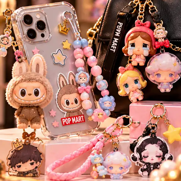 Fundas de teléfono, colgantes y accesorios decorados con personajes de POP MART.