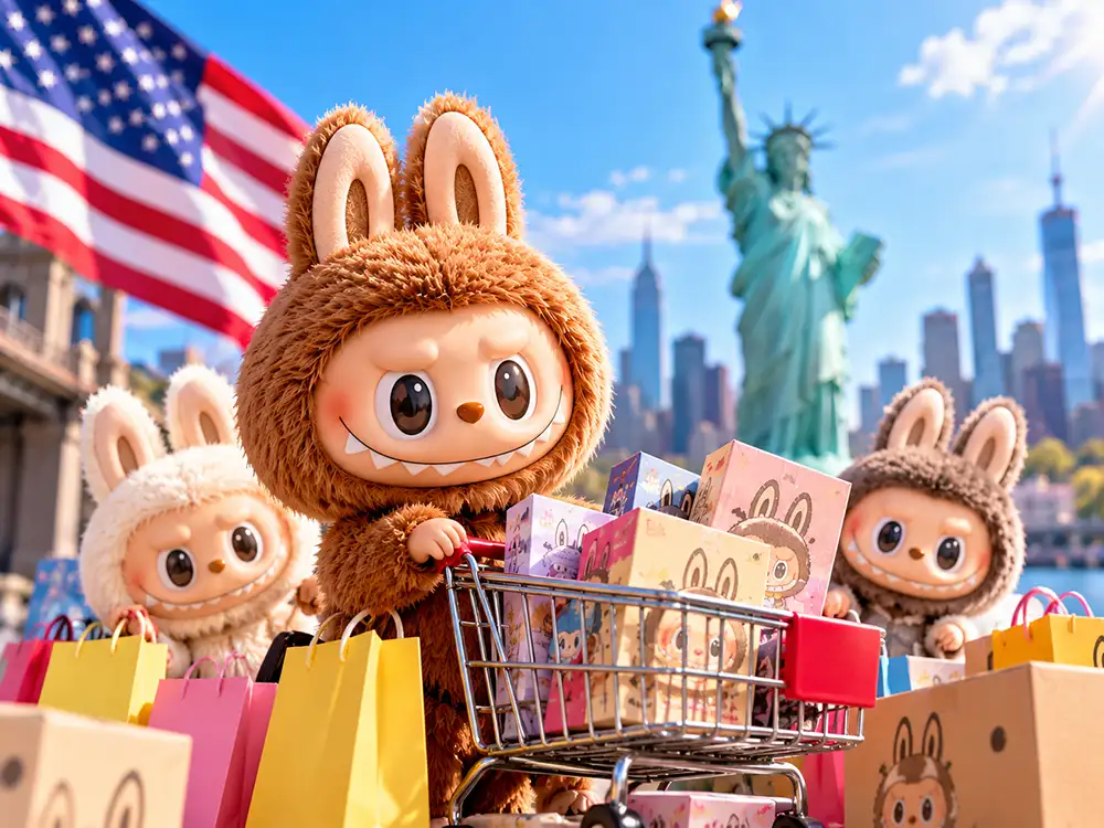 Peluches Labubu en un carrito de compras frente a la bandera estadounidense y la Estatua de la Libertad.