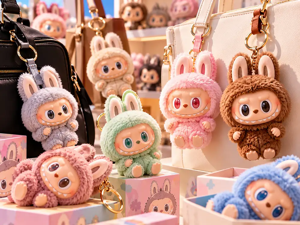 Peluches colgantes de Labubu en distintos colores sujetos a bolsos y exhibidos junto a sus cajas.