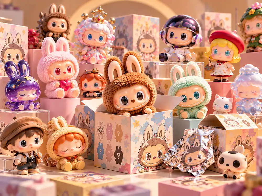 Figuras y peluches POP MART junto a cajas sorpresa de distintas colecciones.