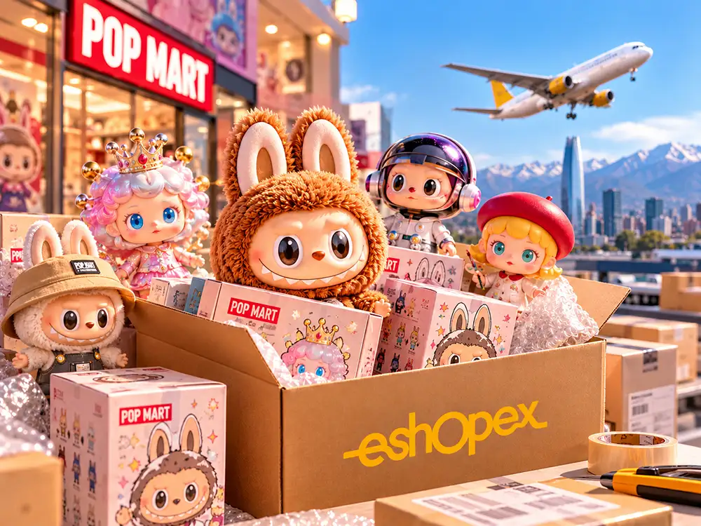 Caja de eShopex con peluches y figuras POP MART junto a un avión que representa el envío desde Estados Unidos a Chile.
