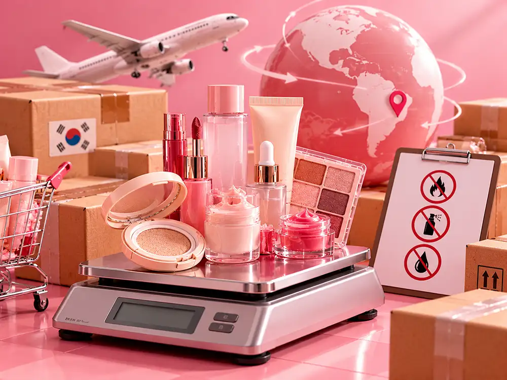 Productos de maquillaje sobre una balanza de envío, junto a cajas, un avión y señales de restricciones para transportar cosméticos.