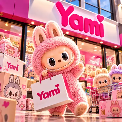 Peluches Labubu y productos coleccionables exhibidos en una tienda Yami USA